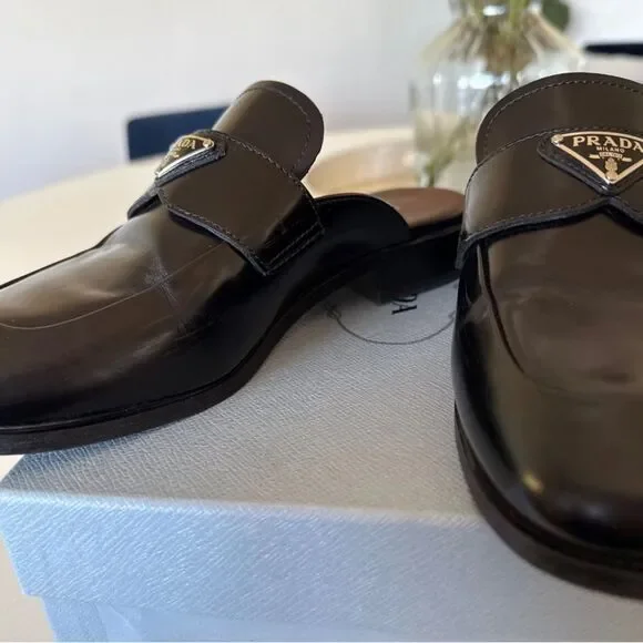Prada Black Square Toe Leather Logo Slip-On Mules EU 36.5 US 6.5 Authentic - Picture 6 of 10